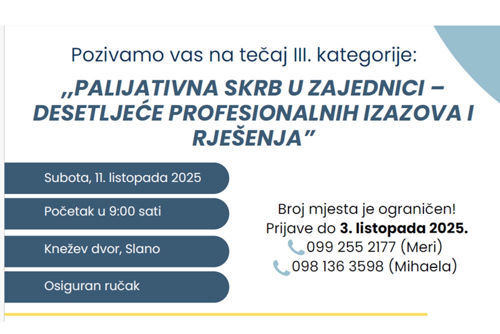 Dom zdravlja Dubrovnik - Tečaj; Palijativna skrb u zajednici-desetljeće profesionalnih izazova i rje&scaron;enja